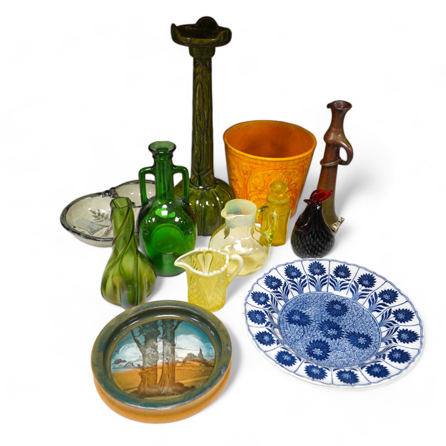 A collection of coloured glassware to include Vaseline examples and a collection of pottery to include a candlestick, a dish and a planter, largest 38cm (10). Condition - mostly fair